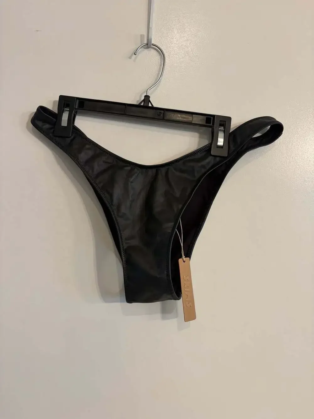 SKIMS Micro Pleather Swim Micro Tanga Bikini Bottom in Onyx